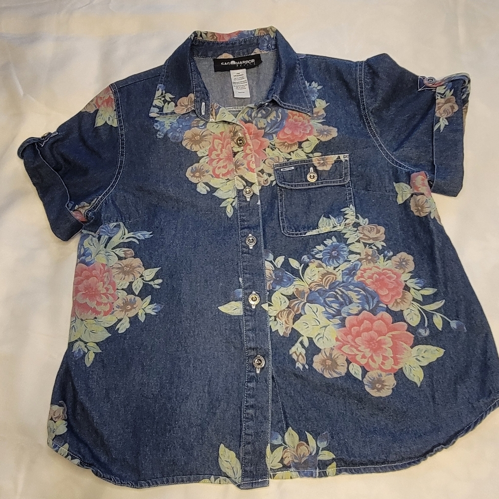 VTG Denim Floral Button Up Shirt Short Sleeve Sag Harbor Woman Retro Feminine - Picture 2 of 9